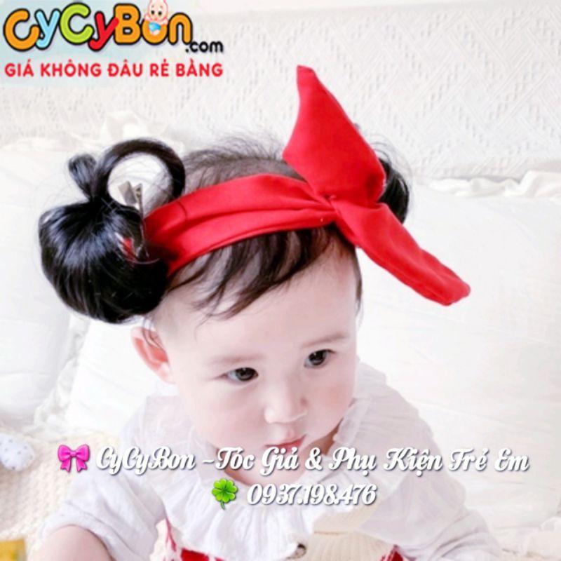 Băng Đô Turban Tóc Giả Cho Bé Nơ Đỏ Quấn - Kèm Mái và Búi Tóc 2 Bên !