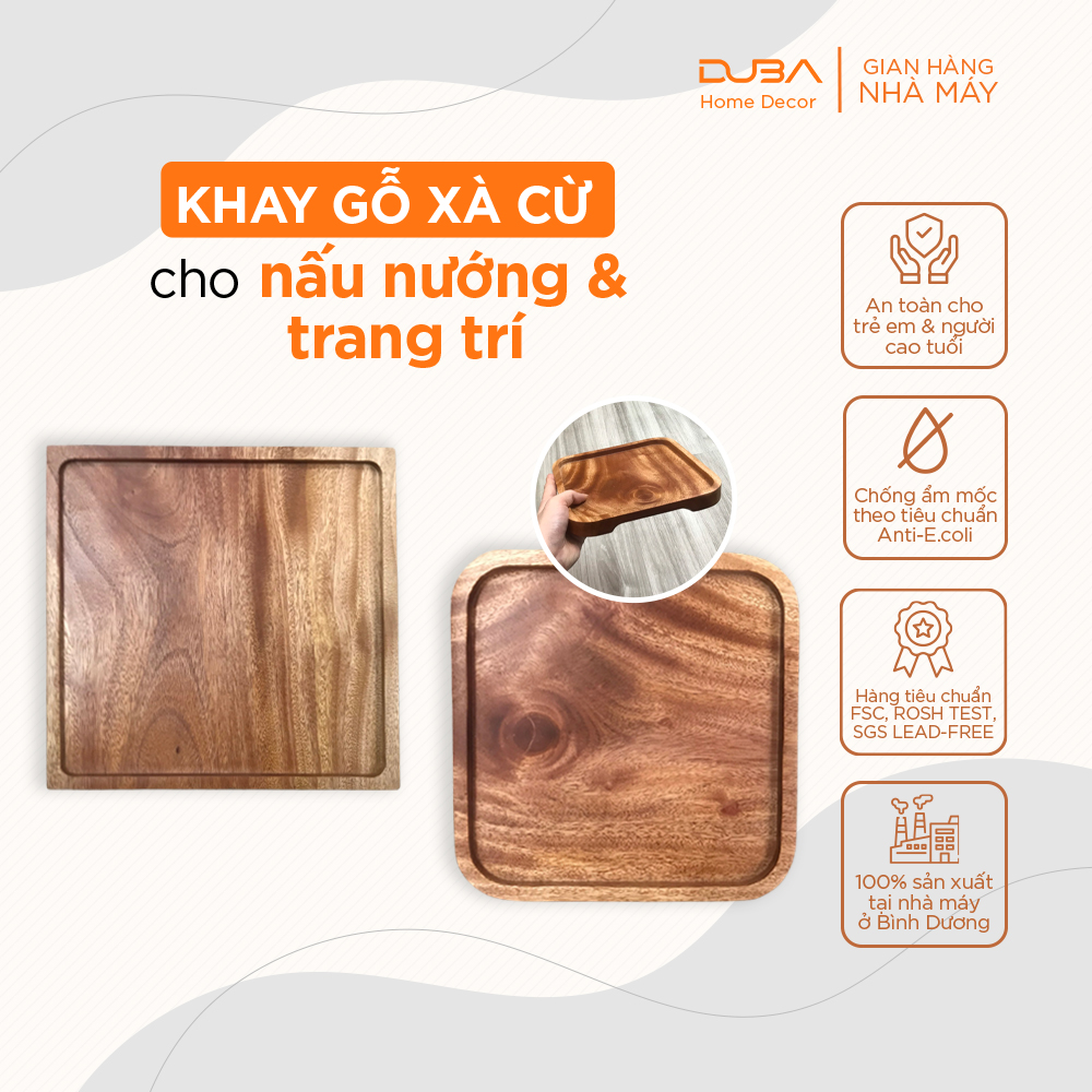 Khay gỗ xà cừ decor, thớt gỗ trang trí hình vuông màu tự nhiên đạt chuẩn xuất khẩu - DUBA