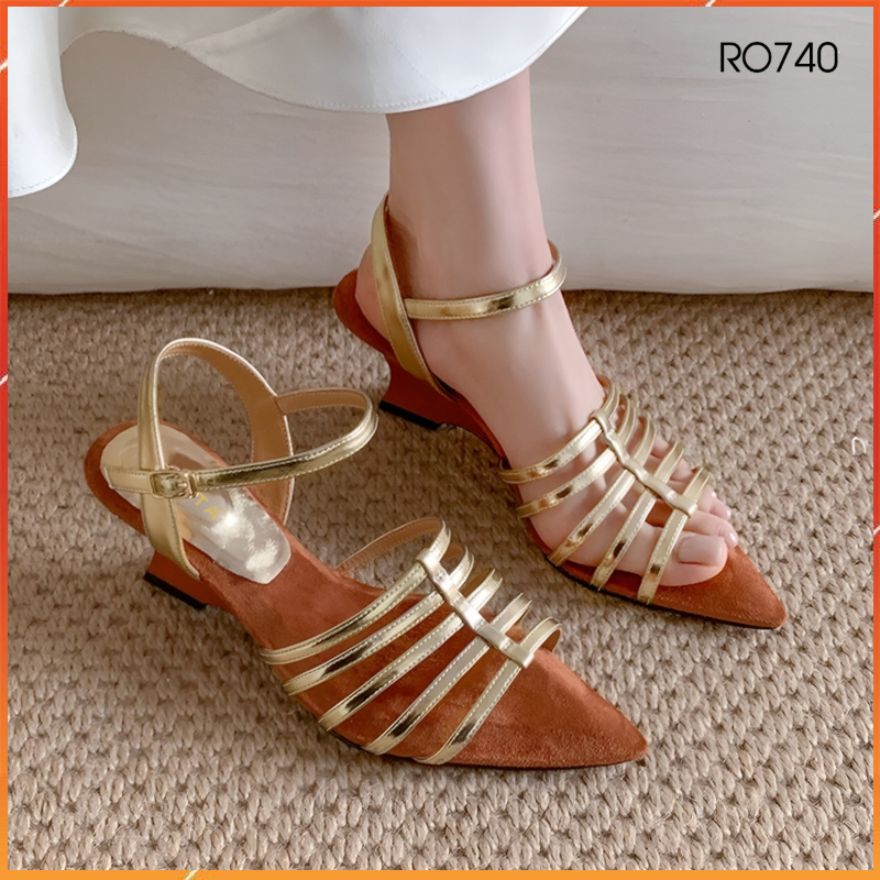 Giày sandal nữ đế xuồng 5 phân hàng hiệu ROSATA màu vàng thời trang cao cấp ro740