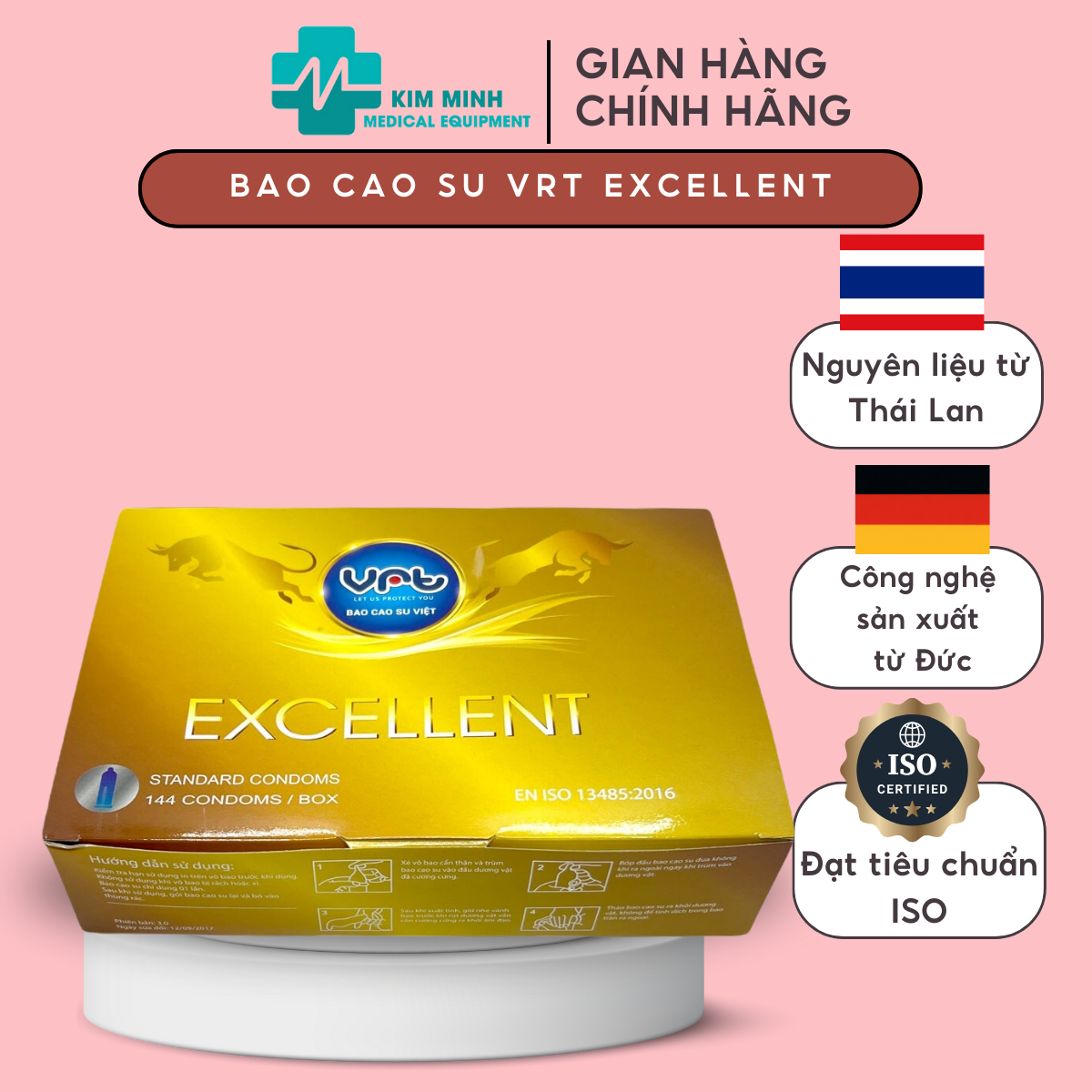 Bao cao su size nhỏ, gia đình VRT Excellent hộp 144 chiếc size 49mm tiêu chuẩn Đức