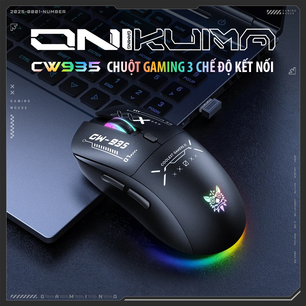 Chuột ONIKUMA CW935 Triple-Mode Ergonomic Wireless Gaming Mouse with 6 DPI Settings &amp; Hidden Receiver - Hàng Chính Hãng