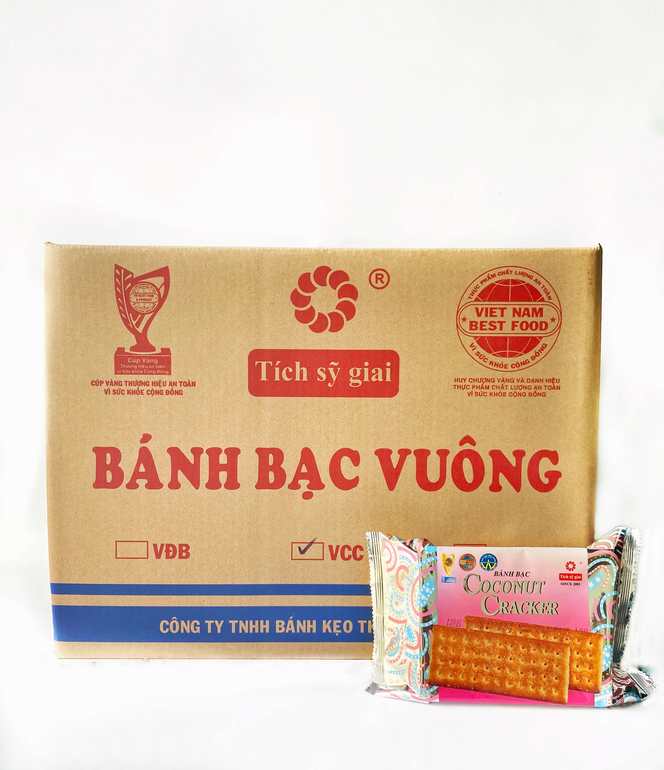 Thùng bánh quy đường Coconut Tích Sỹ Giai vuông cao cấp 180gr