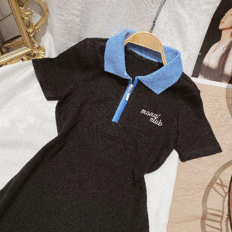 ĐẦM POLO ĐEN CỔ XANH PHỐI DÂY KÉO