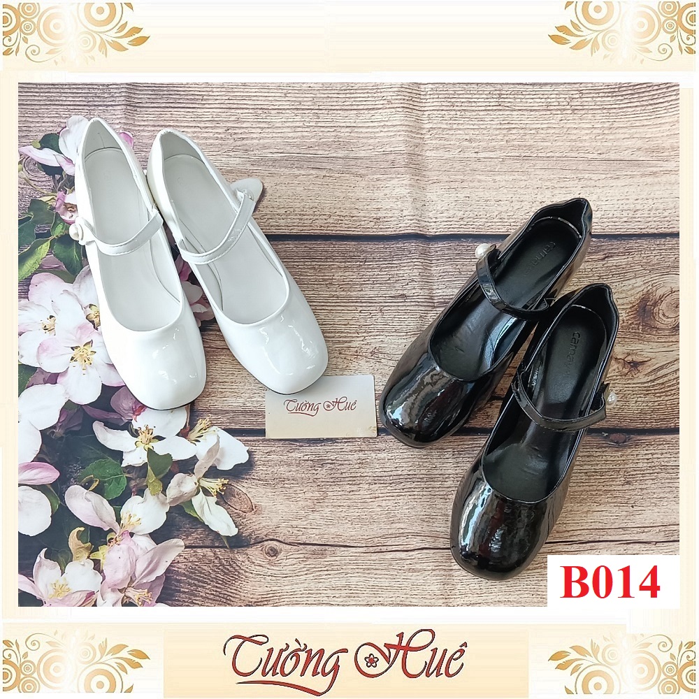Giày Búp Bê Da Bóng Mũi Vuông Quai Ngang Đính Ngọc Trai Gót Cao 6CM