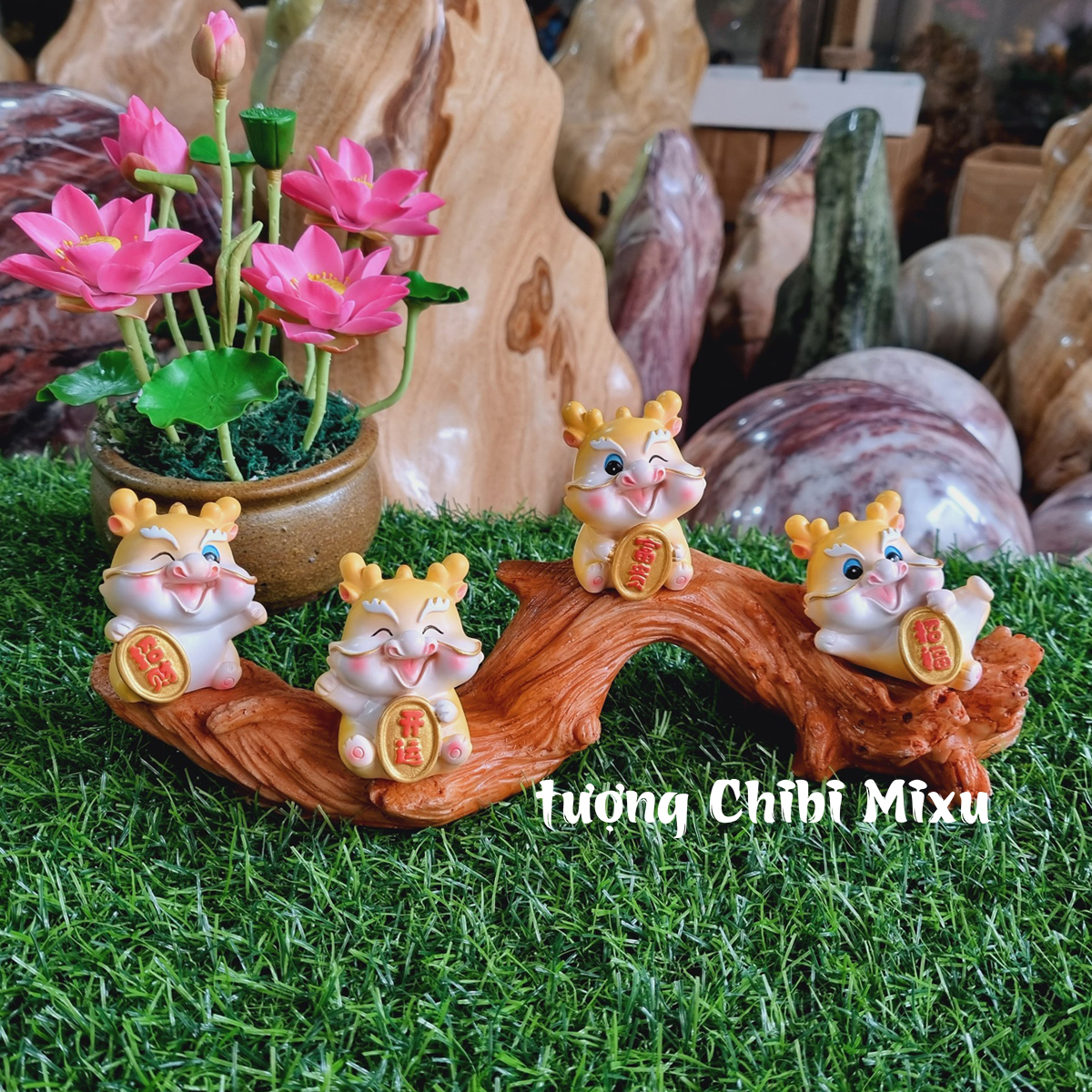 Bộ 04 tượng Rồng vàng kèm chân đế gốc cây y hình Thủ công Tượng điêu khắc