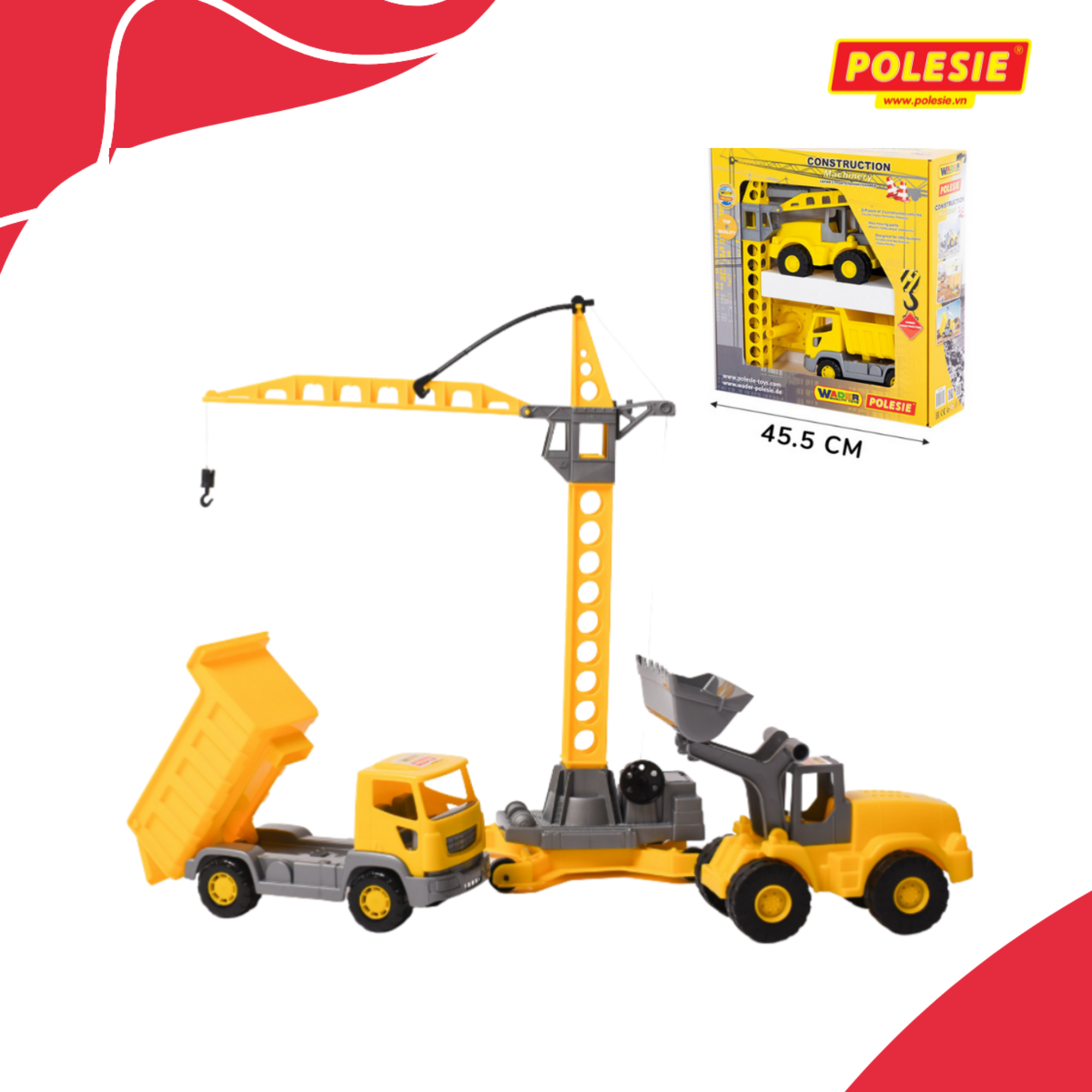 Bộ 3 Xe Công Trình Xây Dựng Và Cần Cẩu Tháp, Đồ Chơi Giáo Dục Châu Âu, An Toàn Cho Bé - Polesie Toys 57150