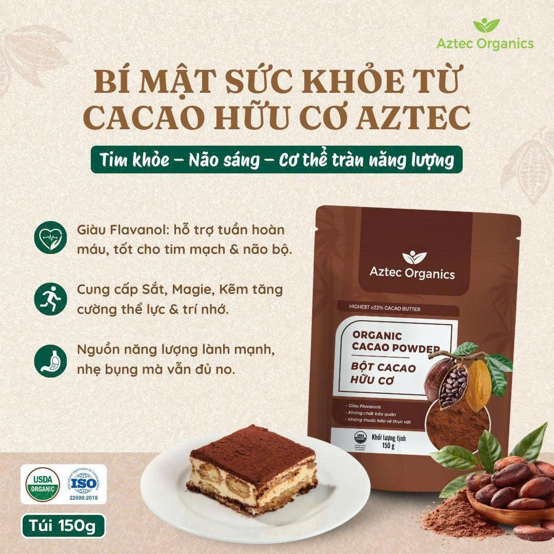 Bột Cacao Hữu Cơ Aztec Organics 150g - Bột Cacao Hữu Cơ Aztec Organics 150g – 100% Nguyên Chất, Không Đường, Giàu Flavan