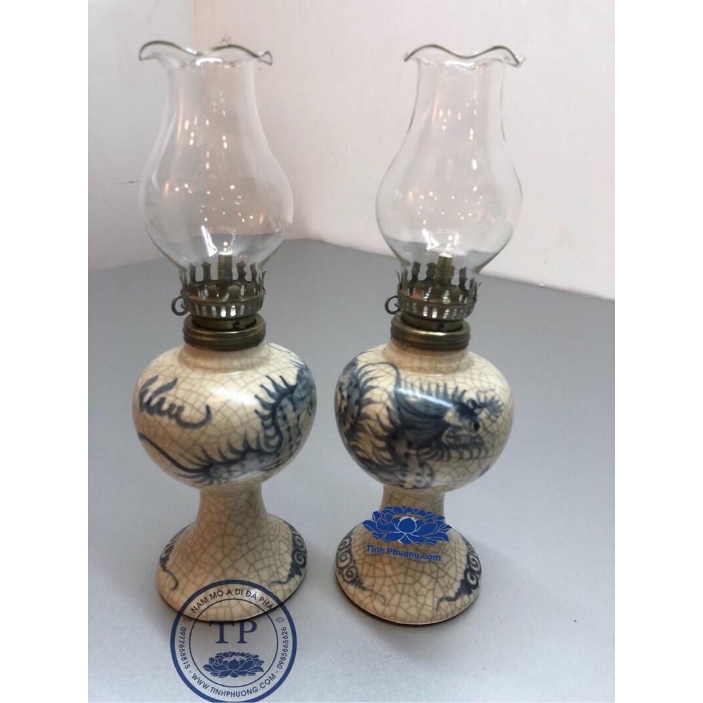 ĐÔI ĐÈN THỜ ĐỐT DẦU MEN RẠN VẼ RỒNG KH18246