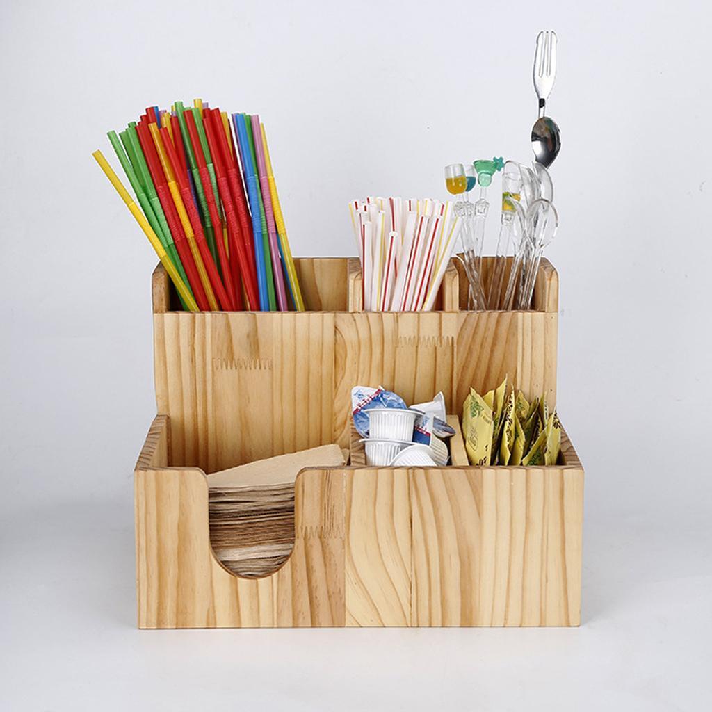 Wooden Cup lid dispenser Coffee Condiment and Accessories Caddy Organizer