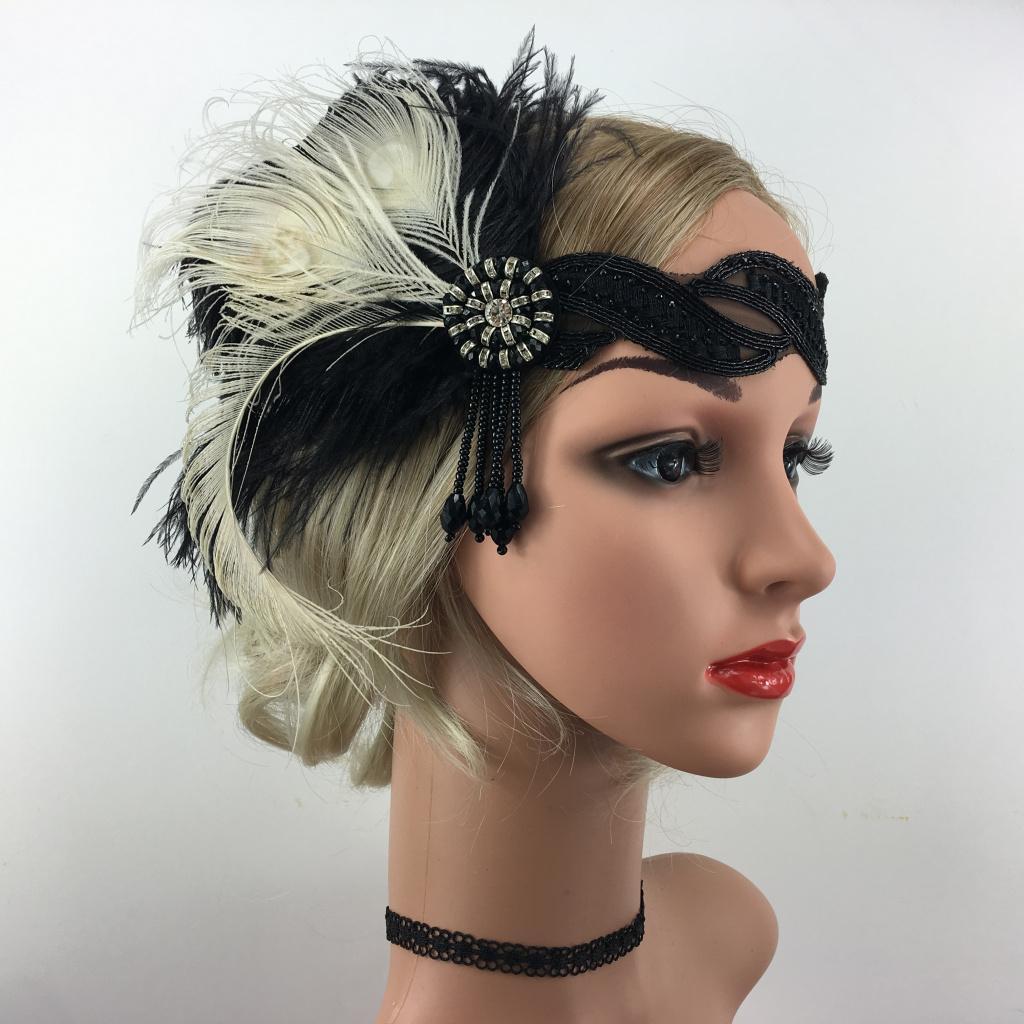 Retro 1920s Headpiece Black Beige Flapper Headband Great Gatsby Vintage Hair Accessory