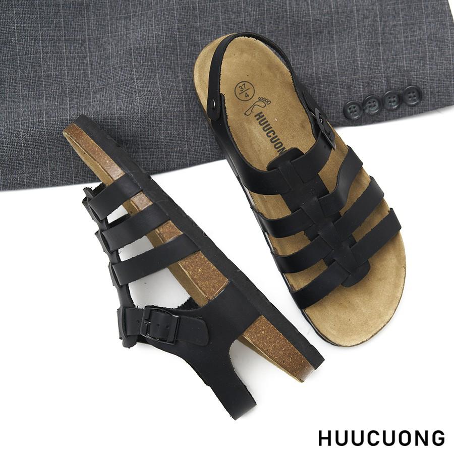Sandal Unisex HuuCuong chiến binh da bò đen đế trấu handmade