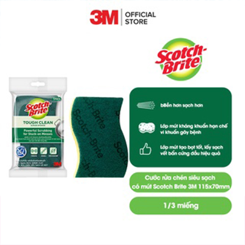 Cước rửa chén siêu sạch có mút Scotch Brite 3M 115x70mm hình sóng kháng khuẩn, lấy sạch vết bẩn