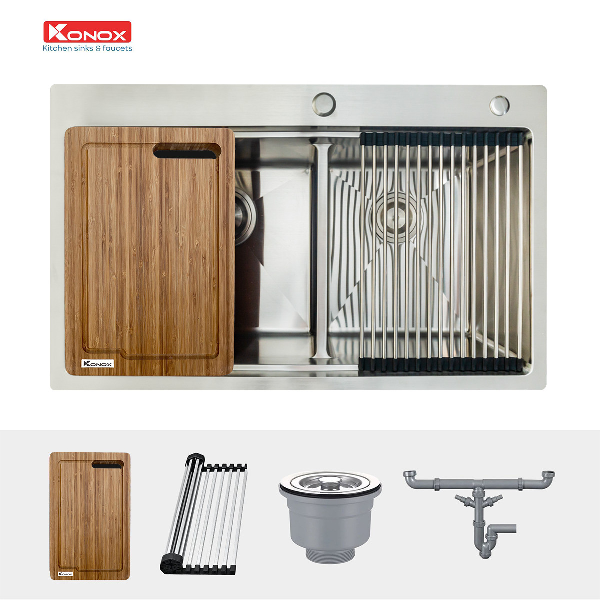 Chậu rửa bát Konox, Topmount Series, Model KN8250TD, Inox 304AISI tiêu chuẩn châu Âu, Hạ bậc tích hợp, 820x500x228(mm), Hàng chính hãng