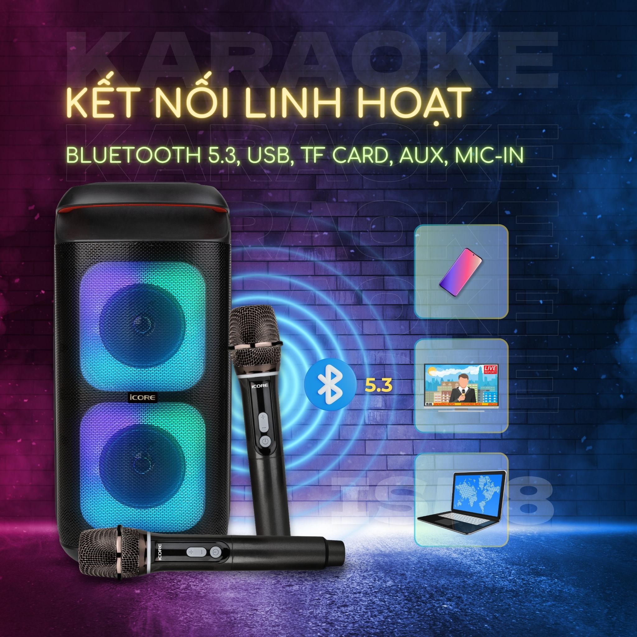 Bộ Loa Karaoke iCore ISM8 Kèm 2 Micro Bluetooth - Hàng chính hãng