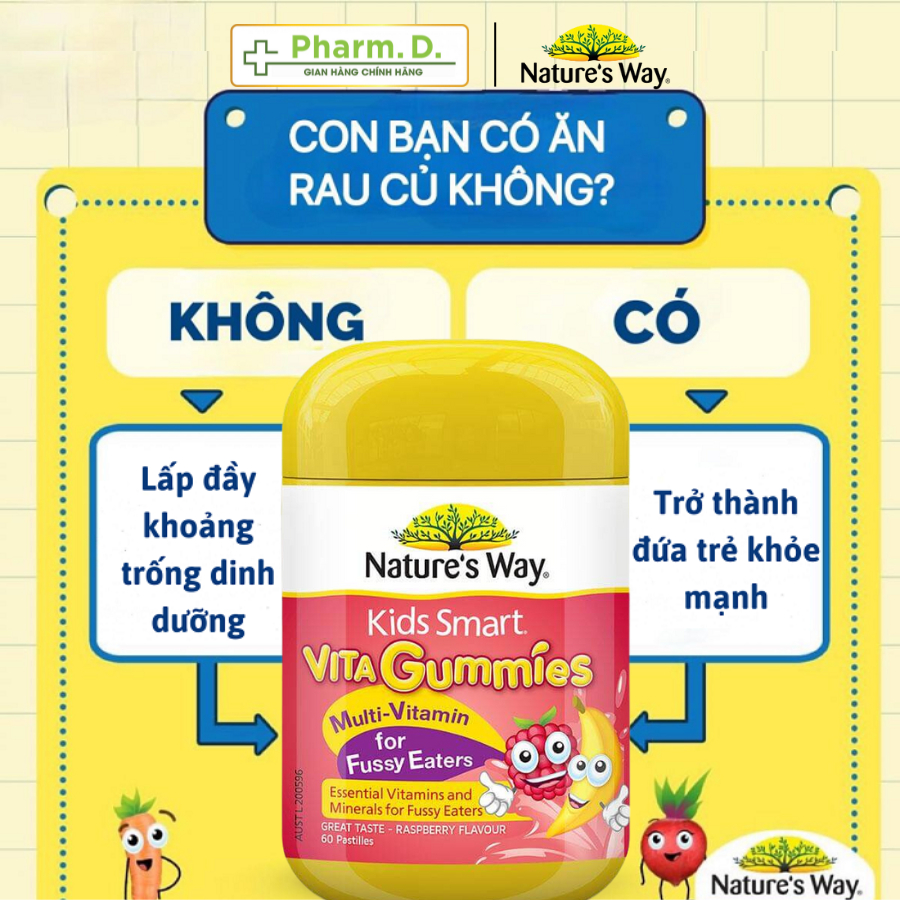 Kẹo Dẻo Vitamin NATURE'S WAY Kids Smart Vita Gummies Bổ Sung Dinh Dưỡng Cho Trẻ Biếng Ăn (Hộp 60 Viên)