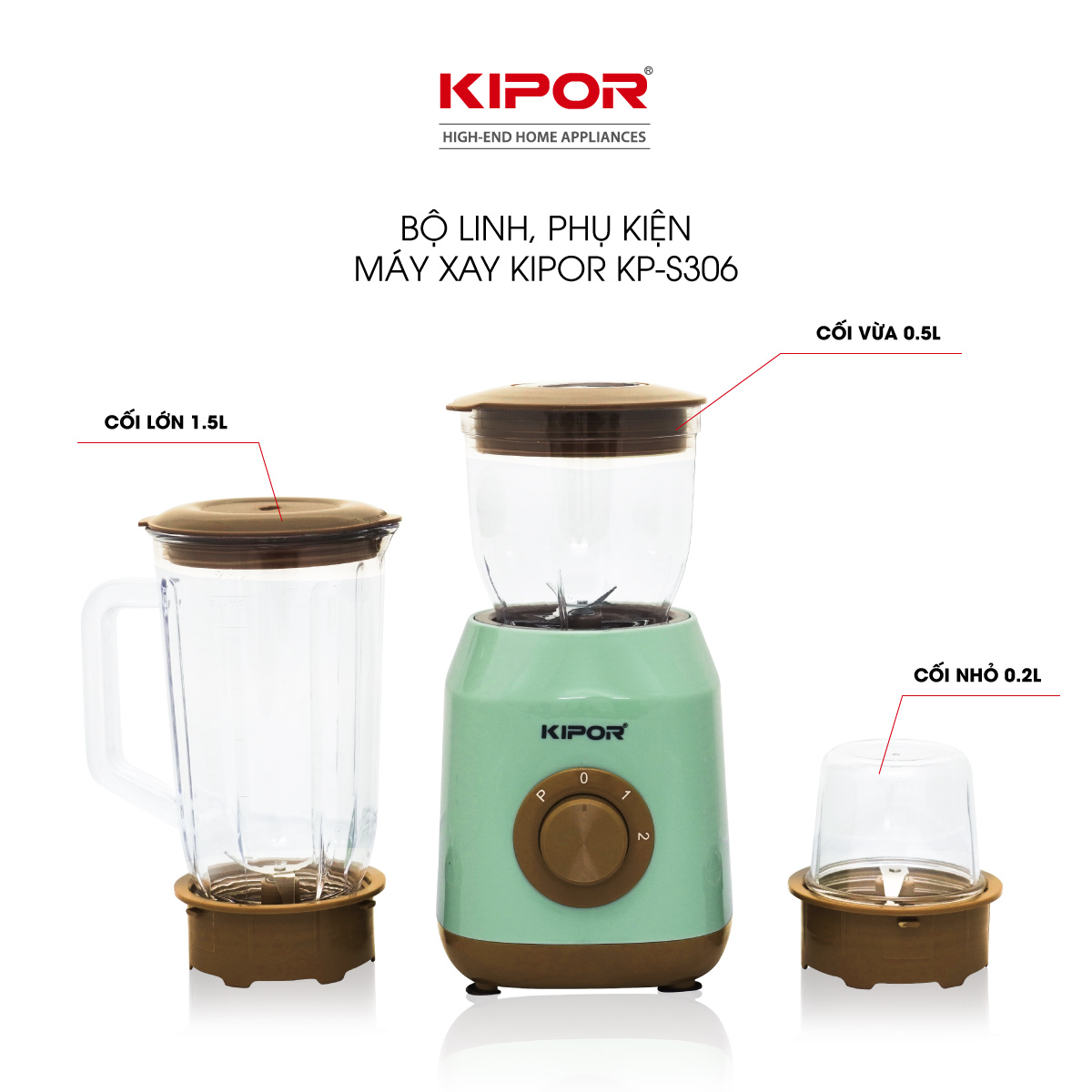 Máy xay sinh tố KIPOR KP-S306  - Lưỡi thép chống ăn mòn siêu bền - Tặng kèm 3 cối 0,2L, 0,5L, 1,5L - Tự ngắt chống quá tải - Hàng chính hãng