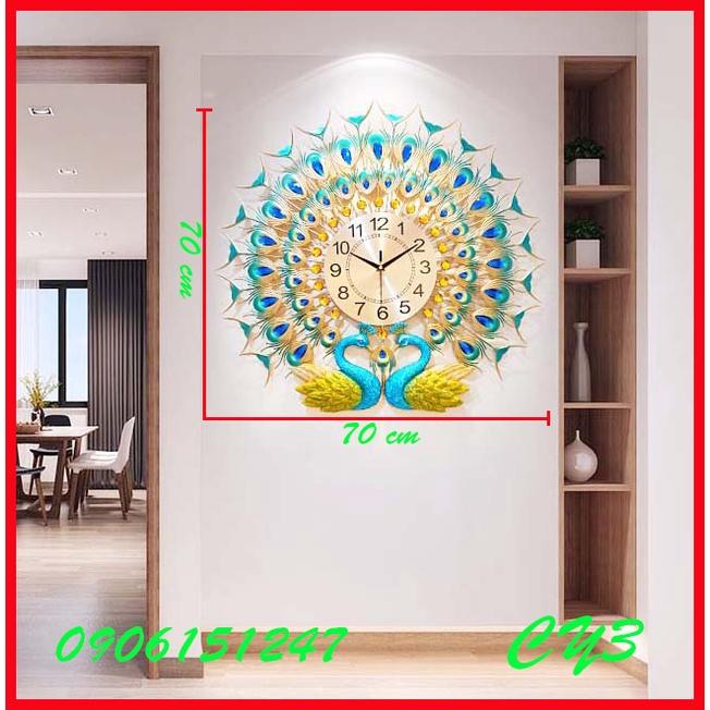 Đồng hồ treo tường trang trí decor chim công CY3 Khổng Tước xanh kích thước 70 x 70 cm