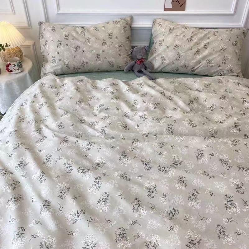 Bộ Chăn Ga Gối Cotton Poly 4 Món Hoa Nhí Vintage Xanh