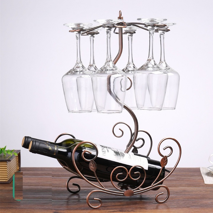 Giá Treo Ly và Kệ Để Rượu Vang Decor Màu Đồng Loại 6 Ly Cao Cấp