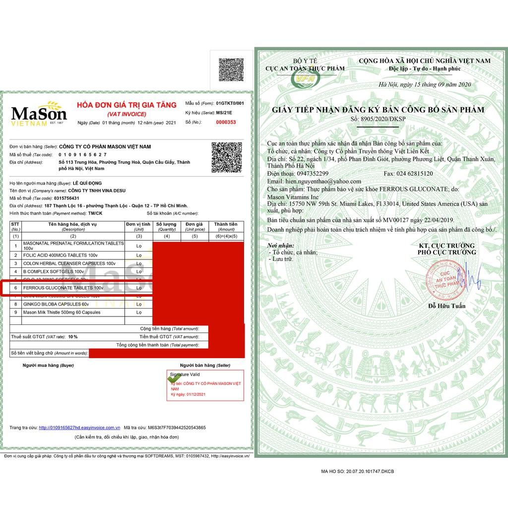 Viên uống bổ sung sắt hữu cơ Mason Natural Ferrous Gluconate hỗ trợ giảm hoa mắt chóng mặt do thiếu máu bảo vệ tim mạch