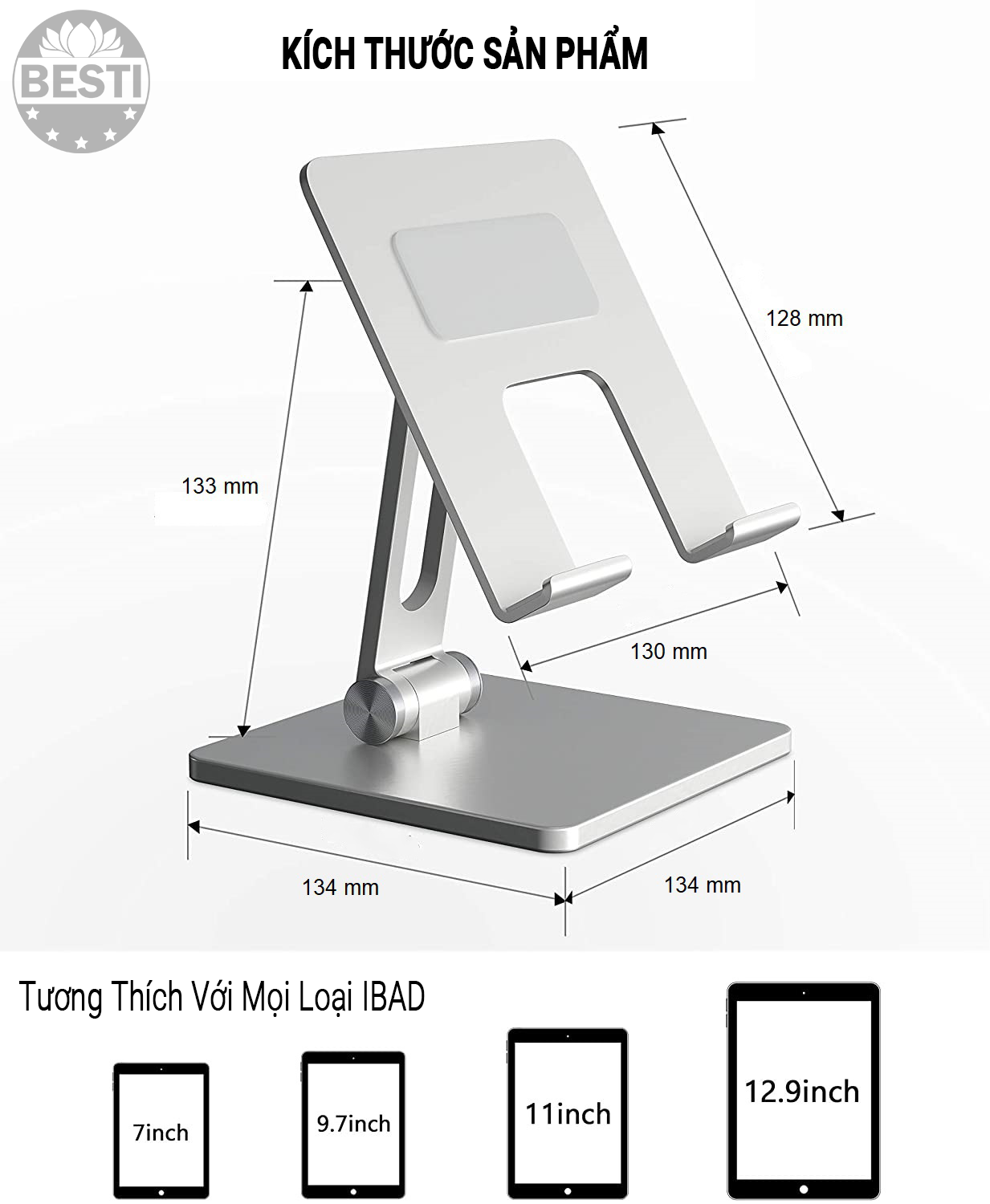 Giá Đỡ Để Bàn Điện Thoại Di Động, Máy Tính Bảng, Ipad Hợp Kim Nhôm Cao Cấp BESTI BTY01 Hai Trục Xoay 180 Độ Có Thể Điều Chỉnh Góc Độ - Trục Kép- Gấp Lại Tiện Lợi- Hàng Chính Hãng