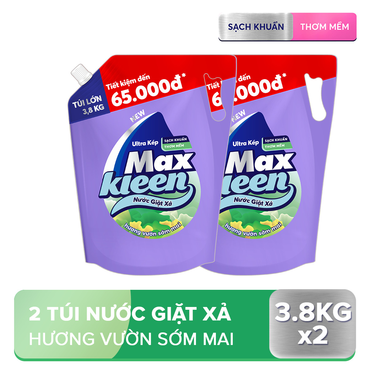 Combo 2 túi nước giặt xả Maxkleen hương Vườn Sớm Mai 3.8kg/túi