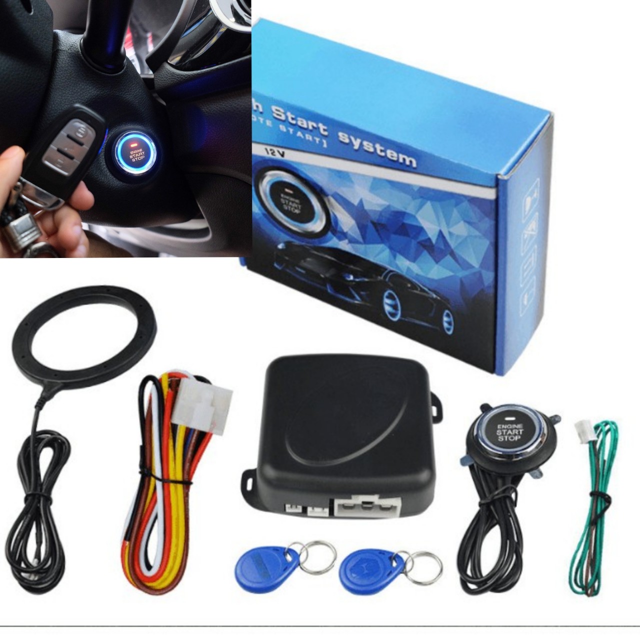 Bộ đề nổ khởi động ô tô start stop một chạm bản cao cấp bằng nút bấm 12V thông minh mẫu mới, đồ chơi ô tô