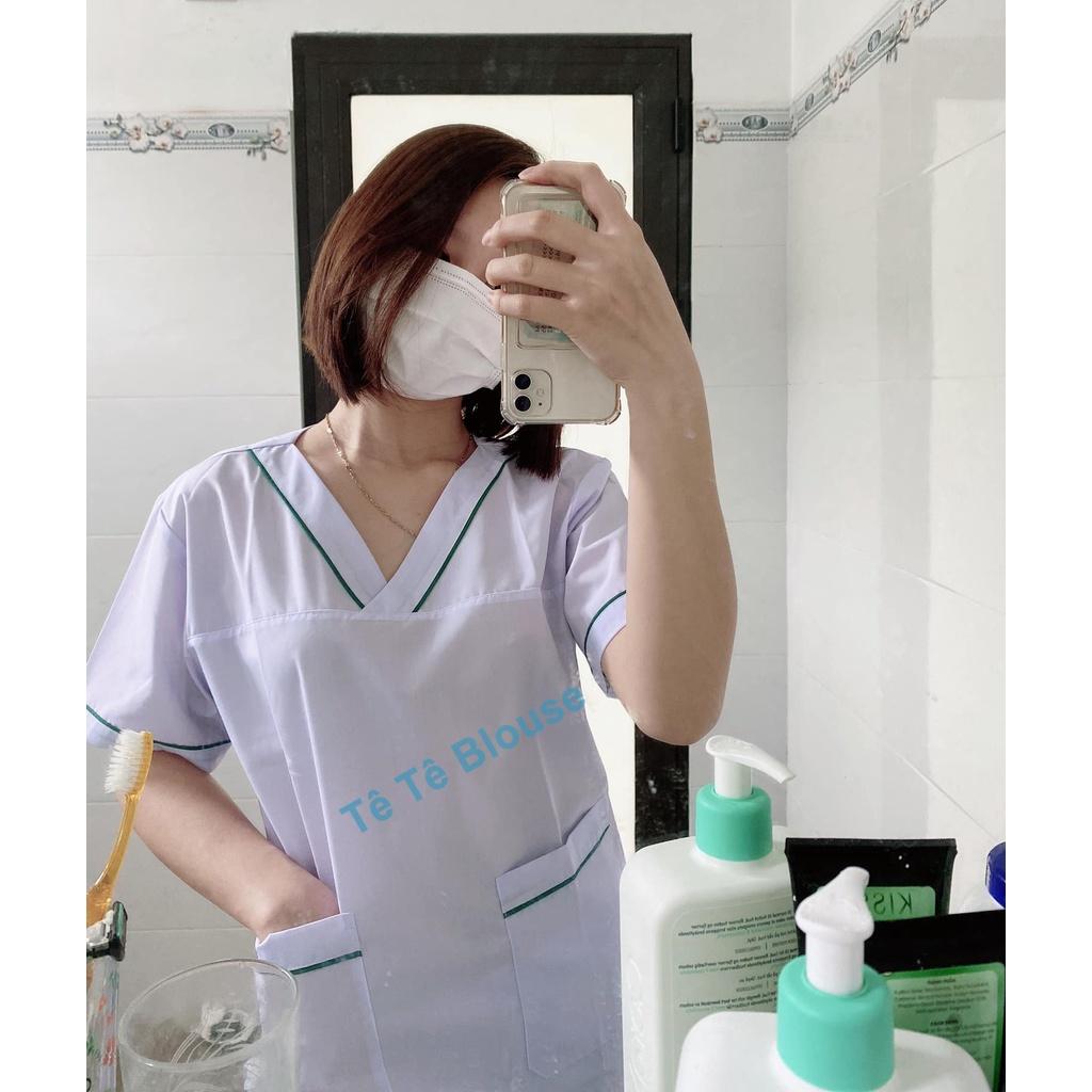 Bộ blu cổ tim có viền nam nữ cộc tay, bộ scrubs kỹ thuật viên cho điều dưỡng, dược sỹ, y tá, bác sĩ (có 3 màu lựa chọn