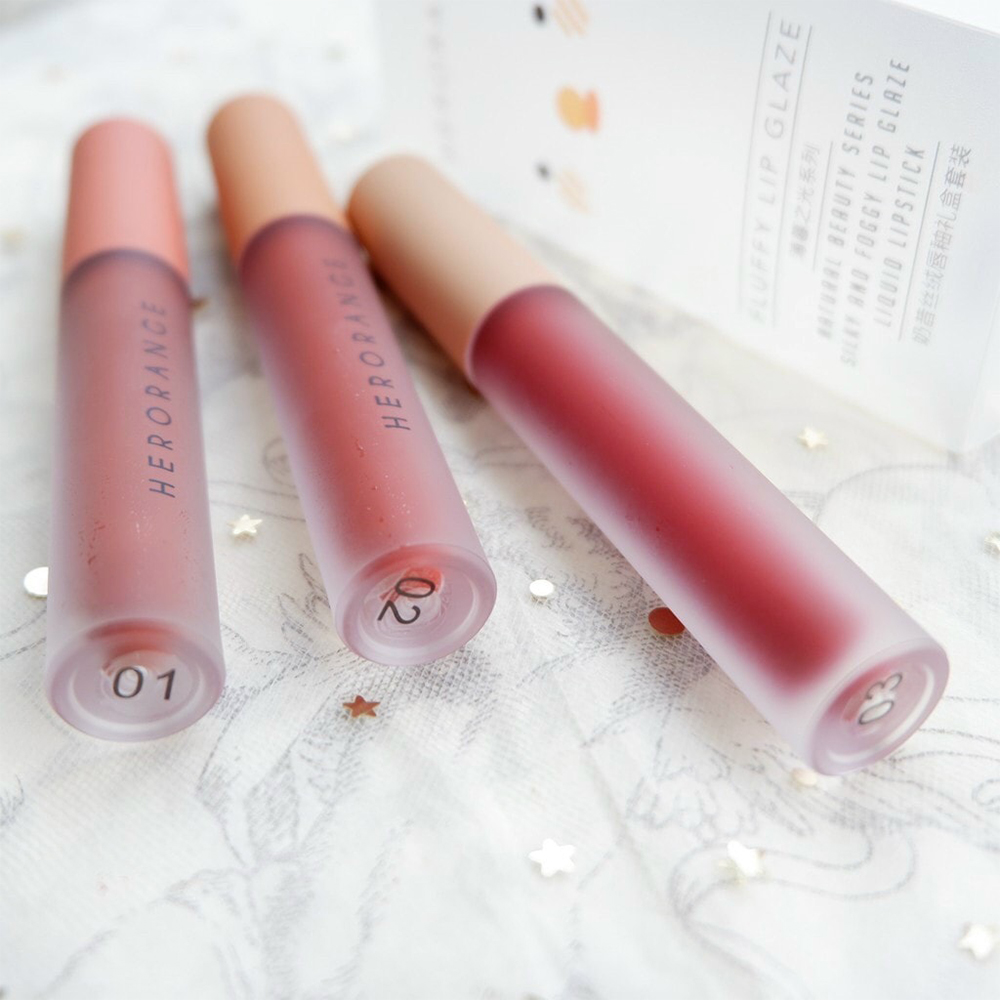 Son Kem Lì HERORANGE Siêu Xinh Mềm - Mịn Mượt - Lâu Trôi - An Toàn Fluffy Lip Glaze SET 3 Cây - Set A &amp; B - Hàng AUTH