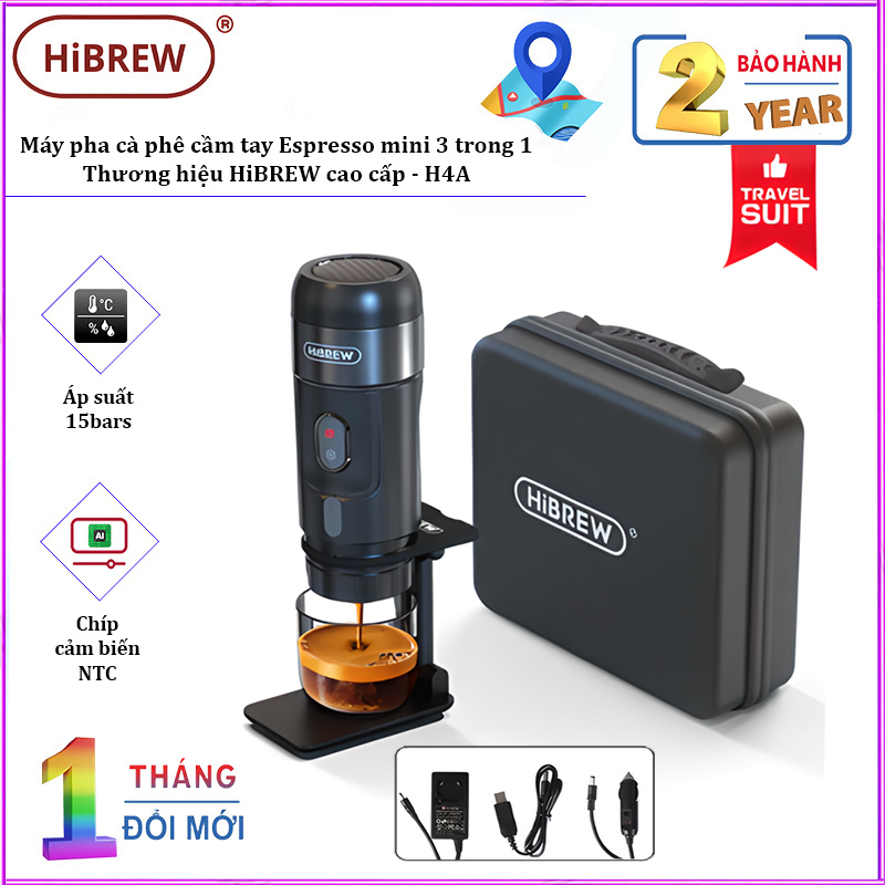 Máy pha cà phê cầm tay Espresso mini 3 trong 1, thương hiệu Mỹ HiBREW cao cấp H4A và H4B - HÀNG CHÍNH HÃNG
