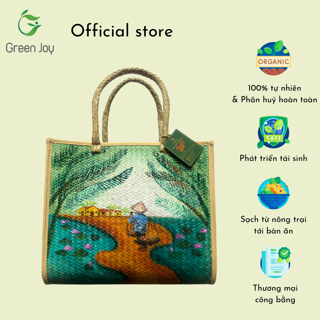 Giỏ xách vuông cỏ bàng vẽ Green Joy