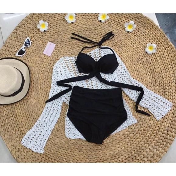 freeship Bikini hai mảnh đẹp buộc chéo đen cạp cao bộ đồ bơi siêu hot