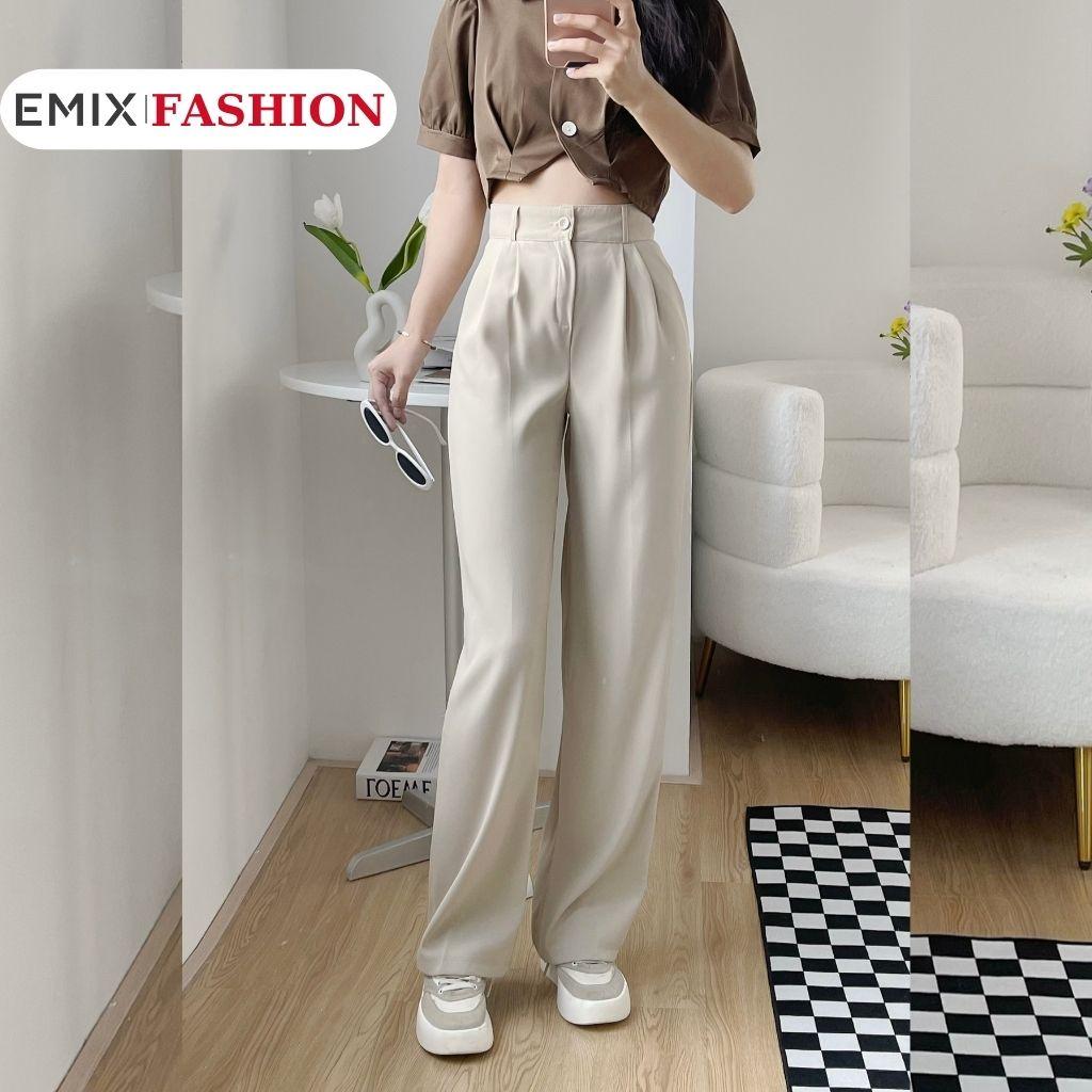 Quần tây nữ EMIX, quần ống suông, cap cao, cúc khóa, dáng dài, ống rộng, chất ruby, túi chéo 213