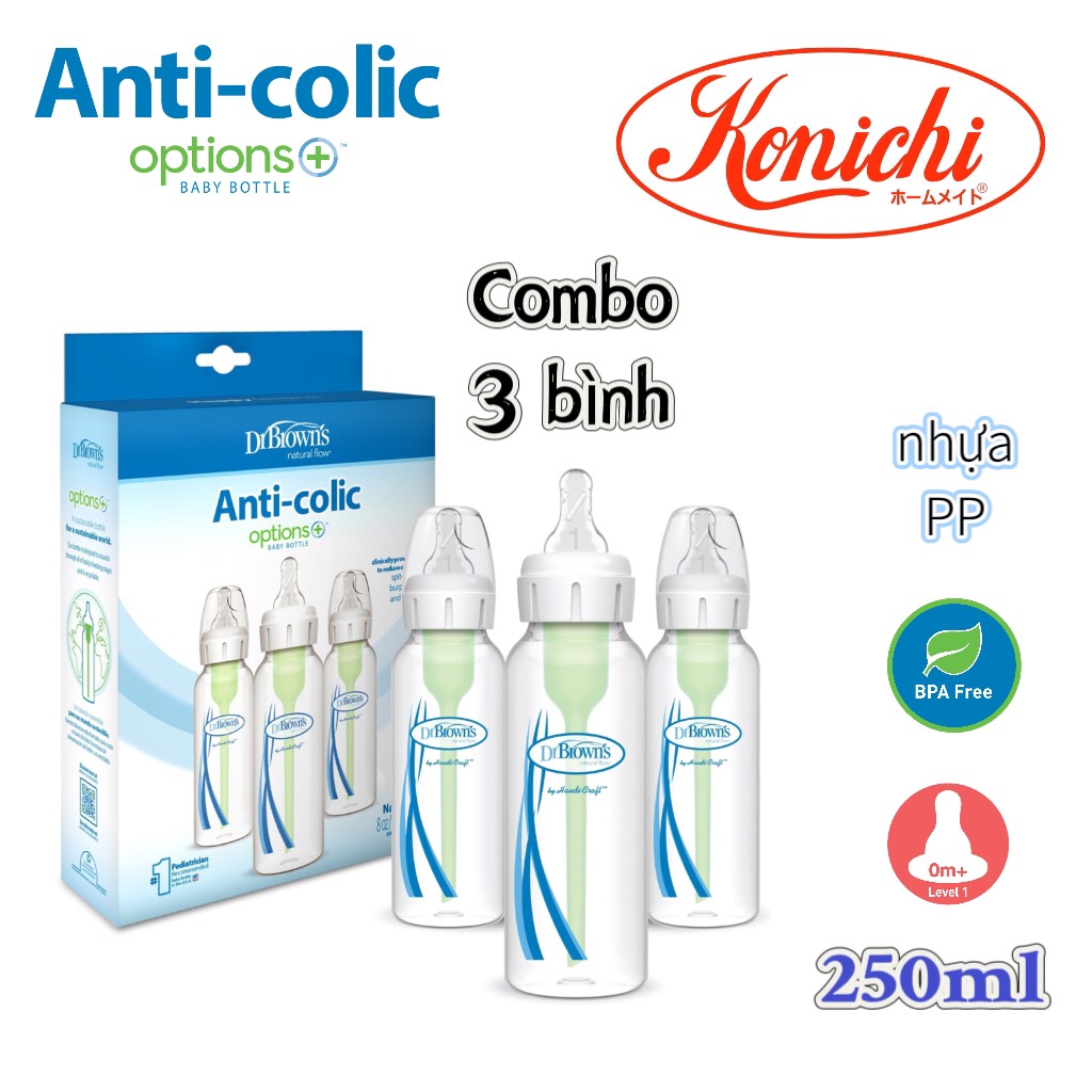Combo 3 Bình sữa Dr.Brown's cổ thường tùy chọn 250ml nhựa PP
