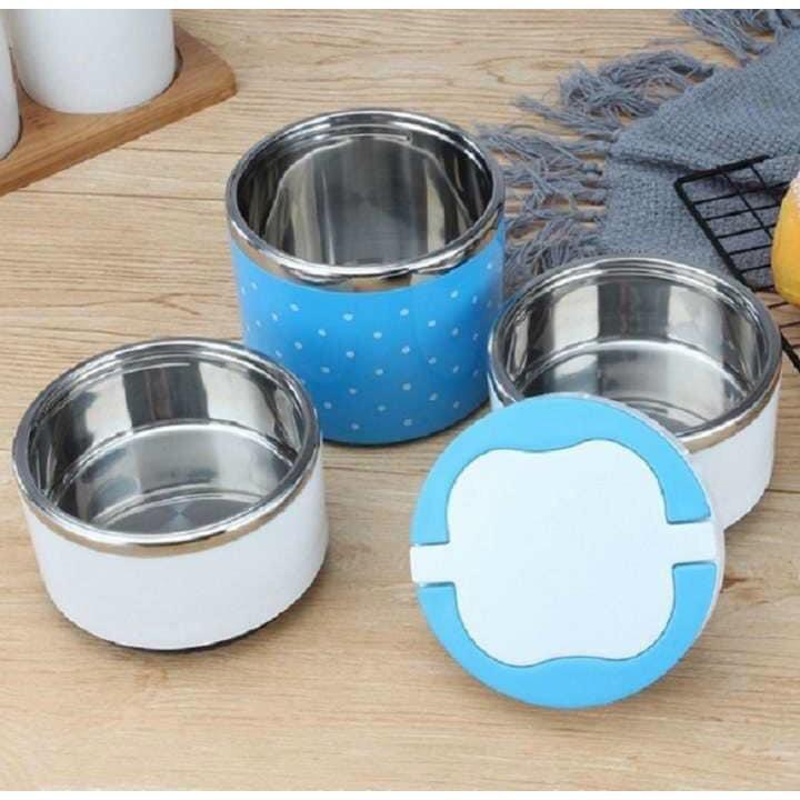 Hộp cơm giữ nhiệt 3 tầng chấm bi ruột inox