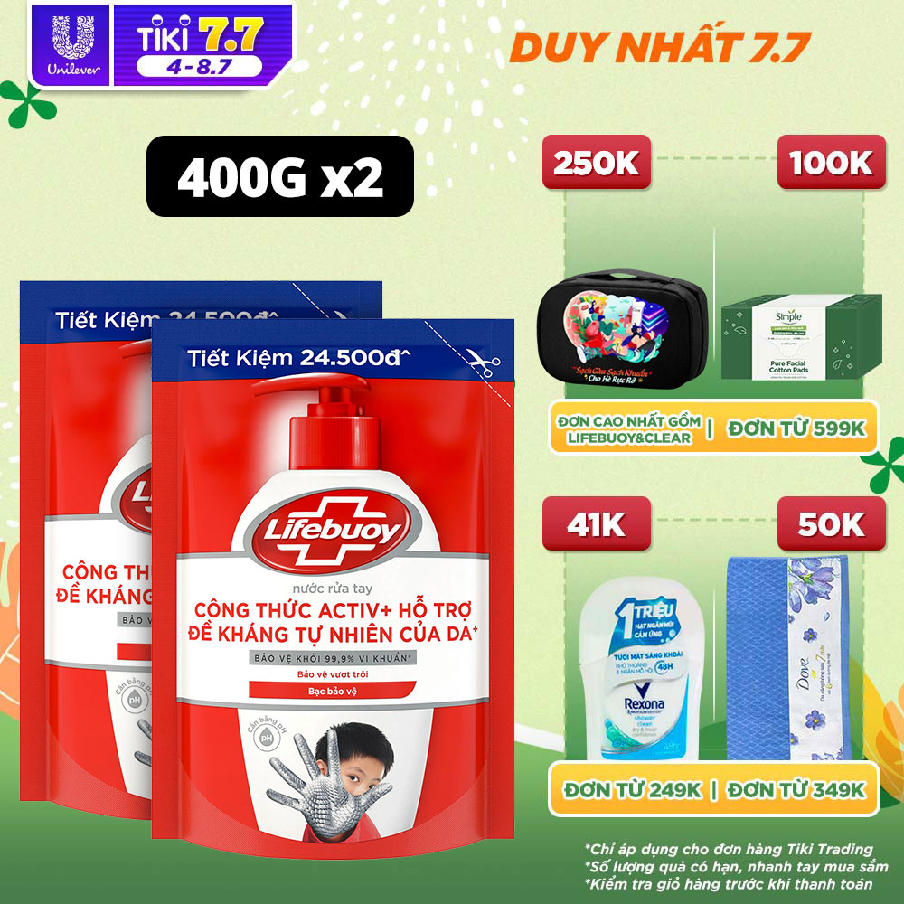 Combo 2 Nước rửa tay Lifebuoy bạc bảo vệ túi 400g