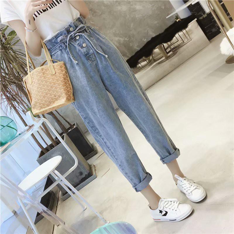 Quần jean dài ống rộng có dây rút thời trang cho nữ
