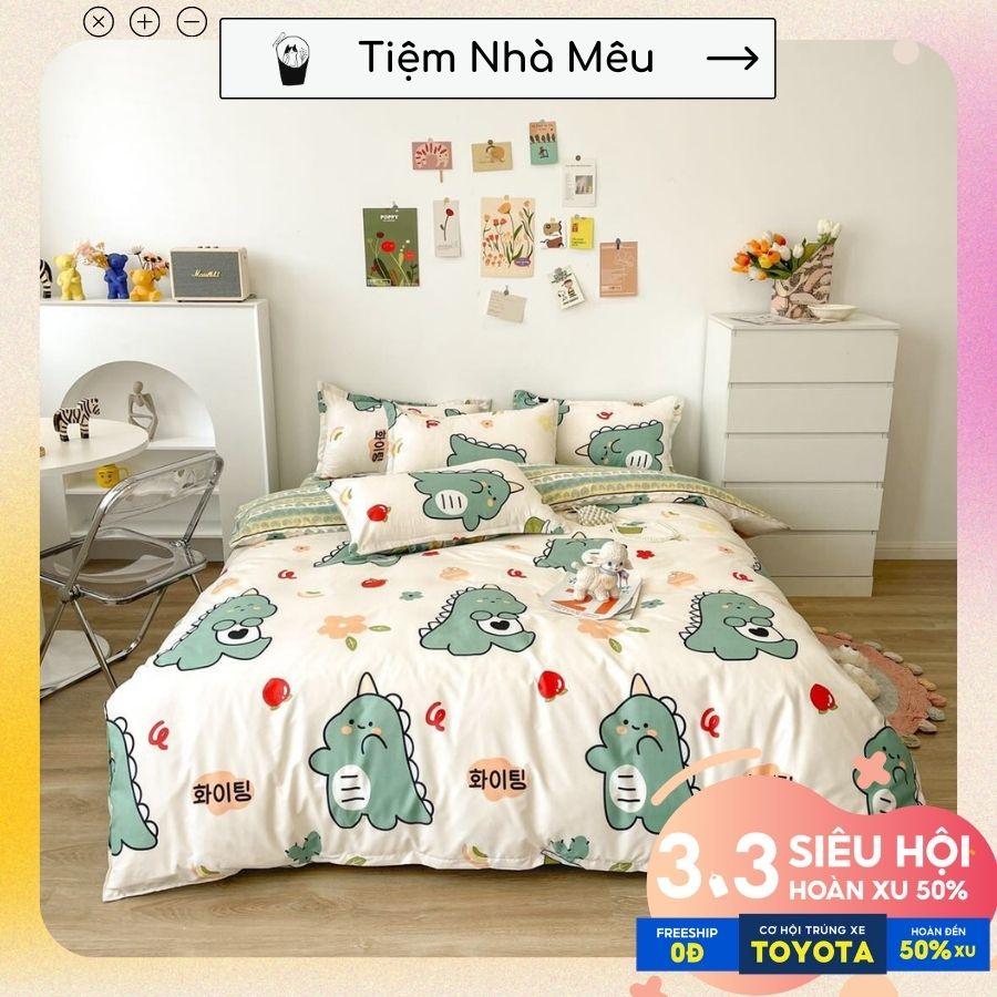 Bộ Chăn Ga Gối Cotton 80% m6/m8/2m-Tiệm Nhà Mêu 2 Vỏ gối ,drap , vỏ chăn Cotton Dino Xanh Cao Cấp Nhập Kh