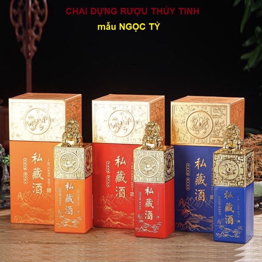 Chai Đựng Rượu 500ML mẫu ngọc tỷ ấn ký – kèm hộp giấy và túi đựng quà – 3 màu lựa chọn - Chai Thủy Tinh Đựng Rượu – Vỏ Chai Rượu Đẹp