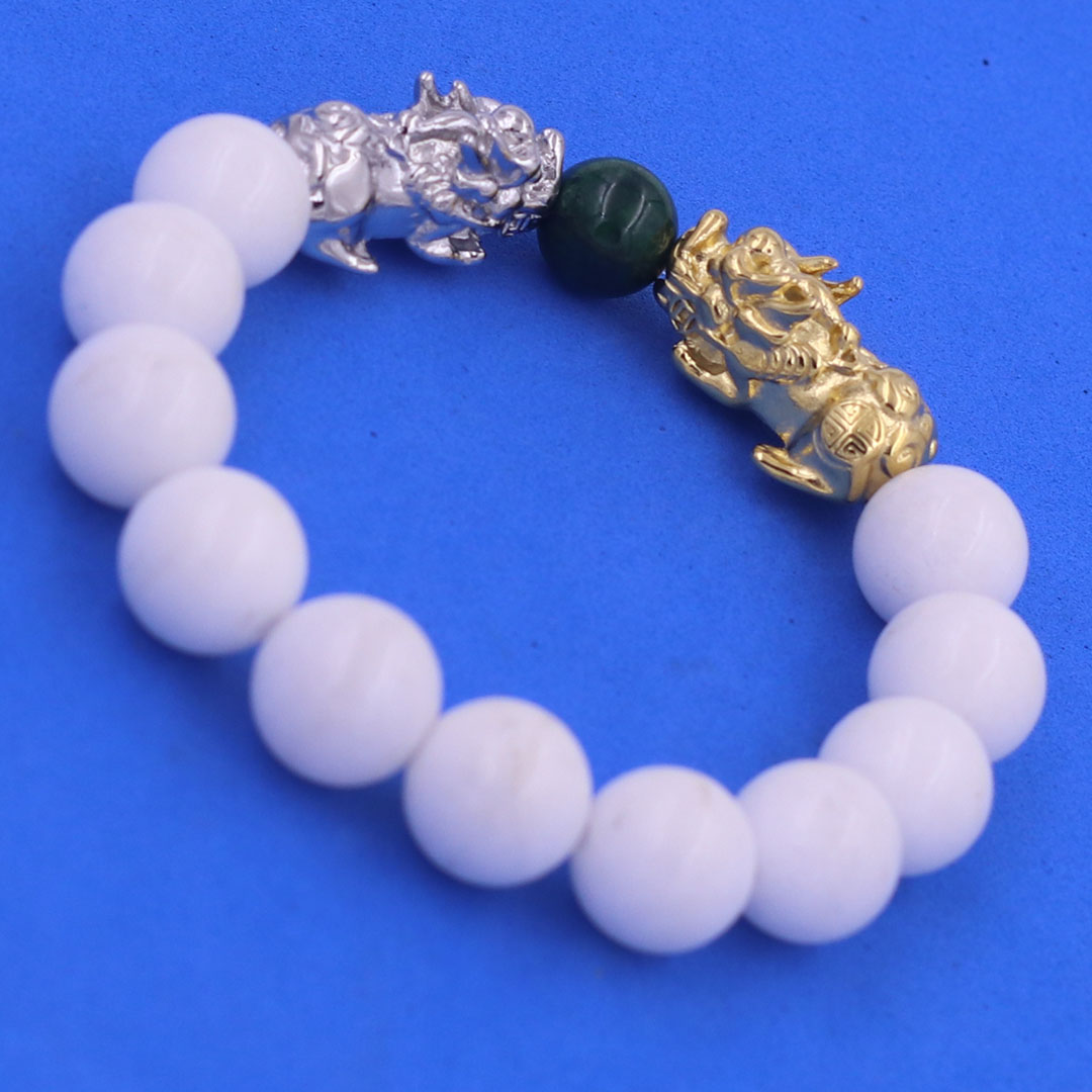 Vòng chuỗi đeo tay san hô trắng 12 ly charm tỳ hưu đôi inox trắng và vàng, vòng chuỗi phong thủy, charm tỳ hưu, vòng tay hạt chuỗi