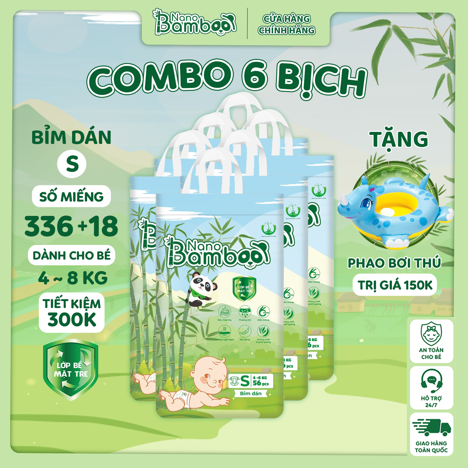 COMBO 6 Bịch tã/bỉm Dán Nano Bamboo sợi tre NB1/S/ M(336 miếng) tiết kiệm 300k kèm quà tặng