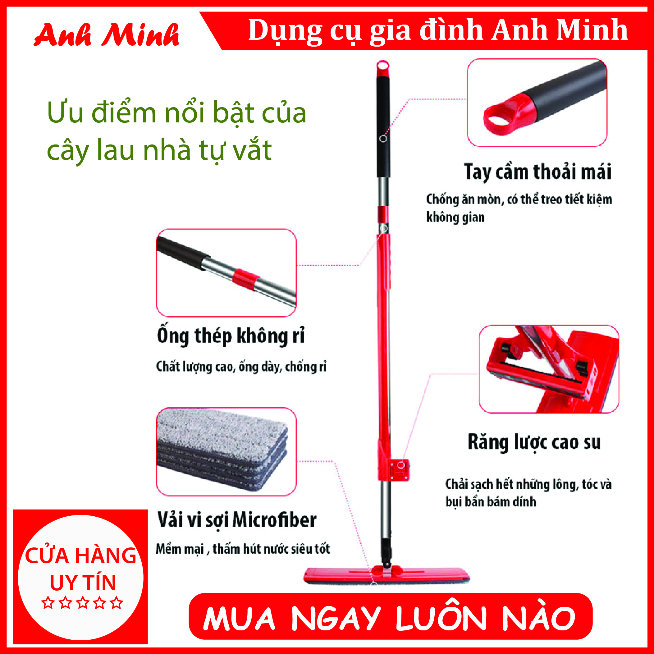 CÂY LAU NHÀ TỰ VẮT XOAY 360 ĐỘ THÔNG MINH (cây lau chữ nhật)