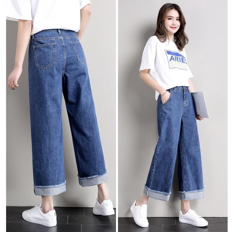 Quần jean nữ Suông Ống Rộng BIGSIZE, lưng siêu cao, Tua Lai hottrend rẻ đẹp