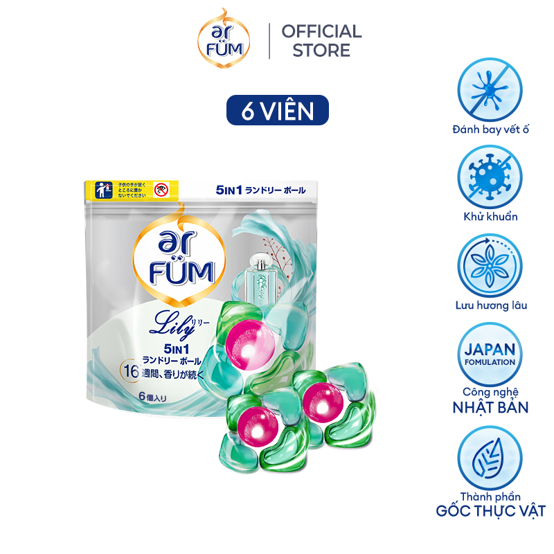 Viên giặt xả arFUM 5 trong 1 MỚI lưu hương lâu 16 tuần, khử khuẩn 99% - Túi 6 viên