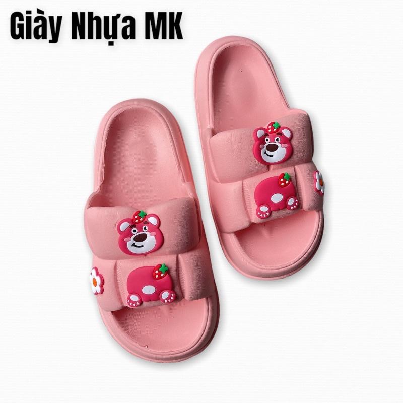 Dép bánh mì nữ quai ngang ô vuông đính sticker gấu hồng siêu cute mang êm chân mềm mại siêu bền - DL160