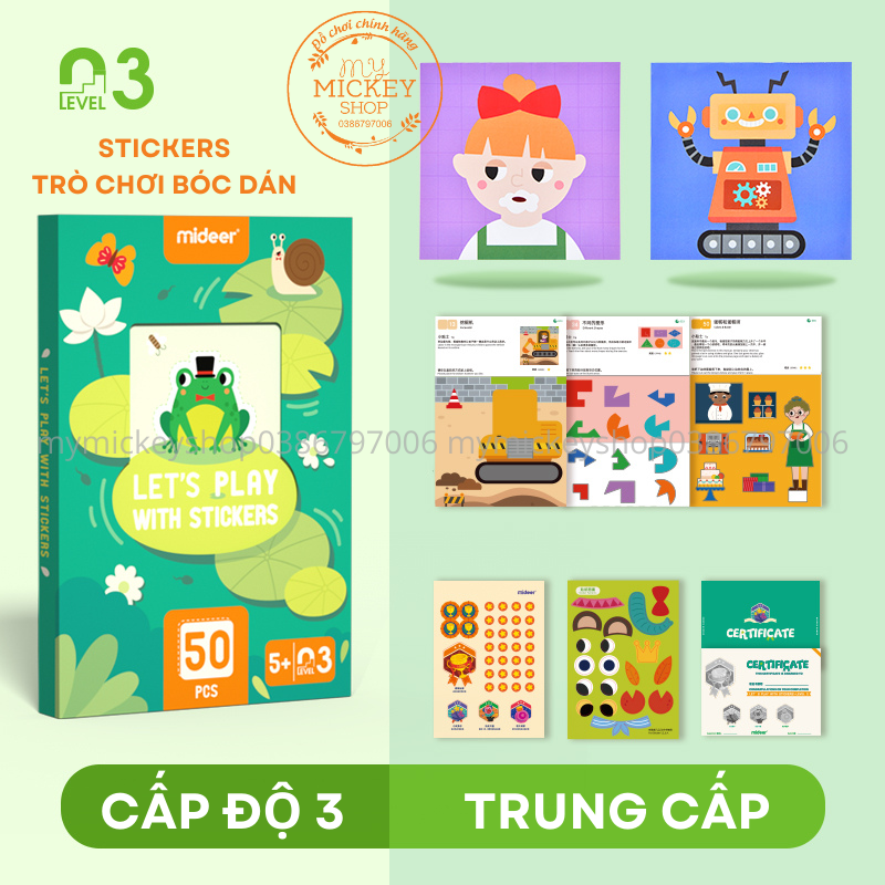 Bộ đồ chơi thủ công bóc dán Mideer 3 cấp độ cho bé 345 tuổi Level up sticking chủ đề động vật xe cộ