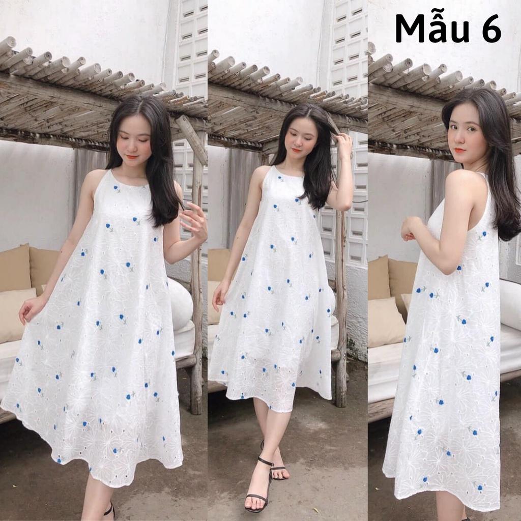 Đầm suông, Váy yếm dài, Đầm maxi hoa nhí Cao Cấp dáng suông vàng trắng, form rộng dài qua gối - MiNhi