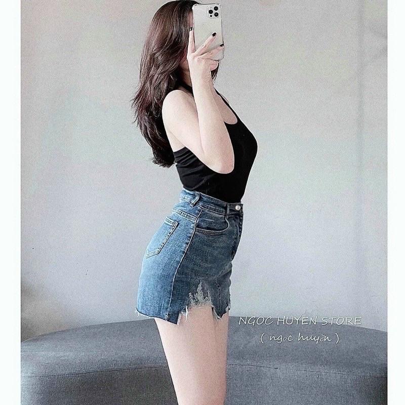 Chân váy jean tua rua - chân váy jean rách ngọc huyền - CAROTSHOP