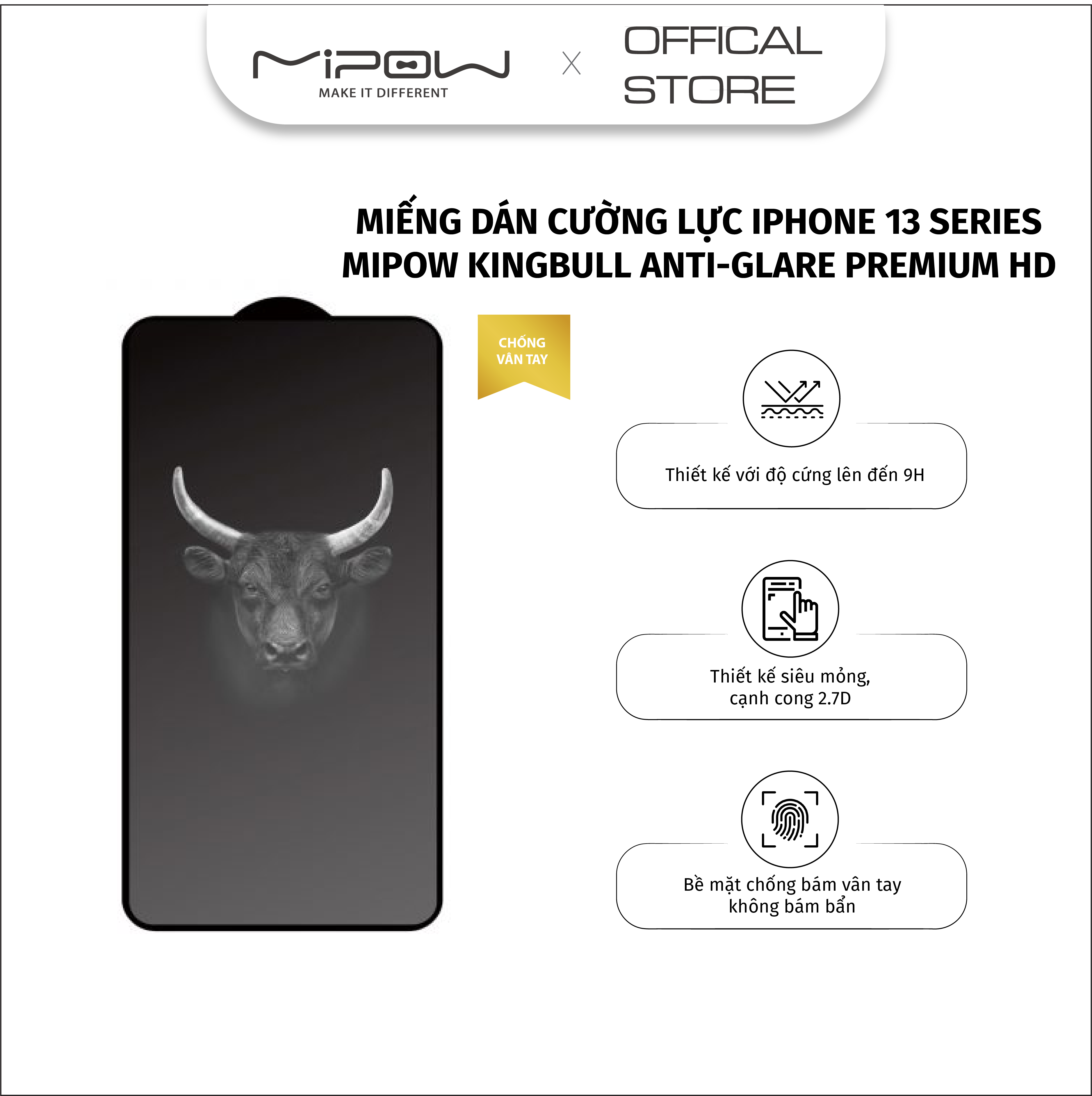 DÁN CƯỜNG LỰC MỜ CHỐNG VÂN MIPOW KINGBULL ANTI-GLARE PREMIUM HD DÀNH CHO IPHONE 13 SERIES - HÀNG CHÍNH HÃNG