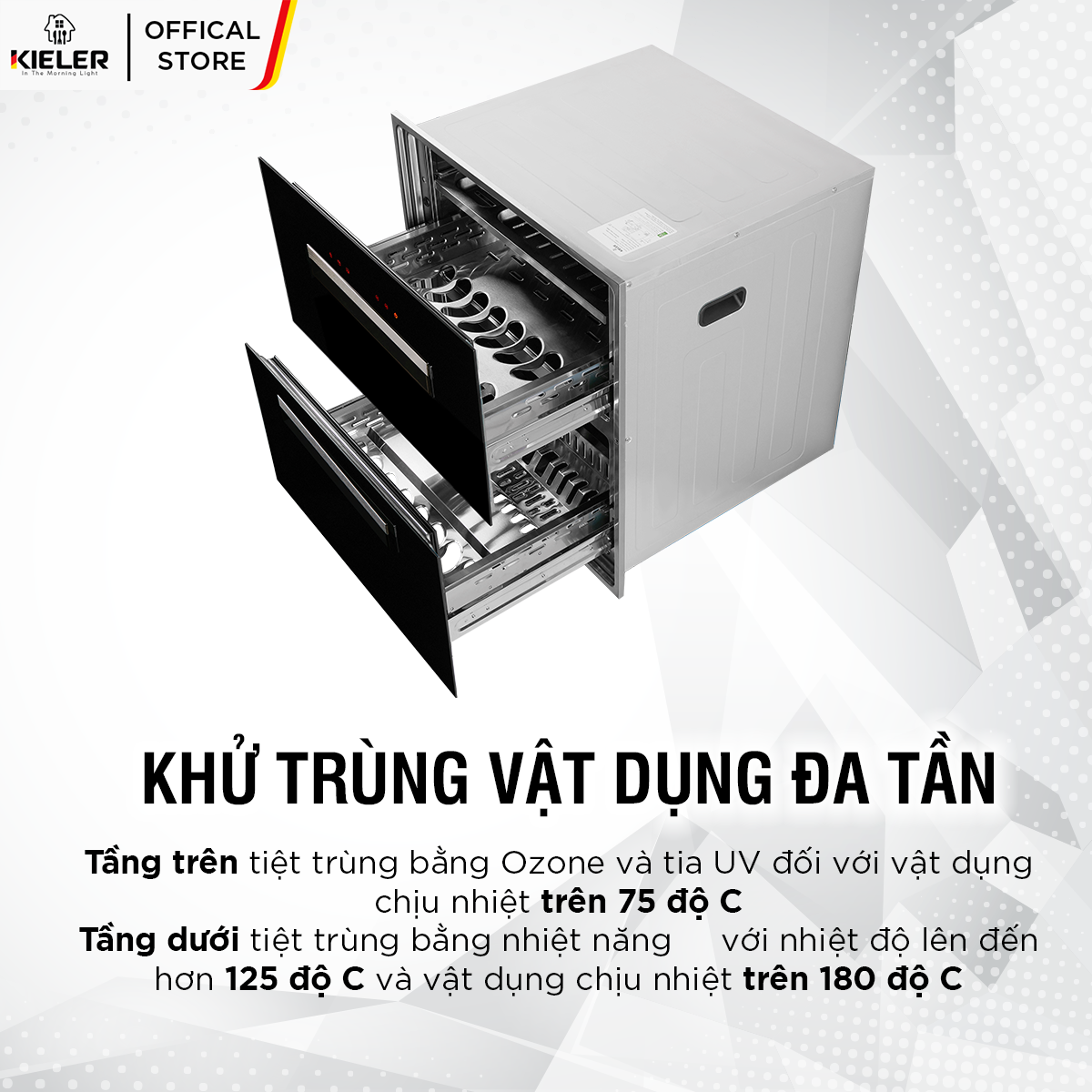 Tủ tiệt trùng âm tủ KIELER KL-TA653 tầng trên khử trùng bằng công nghệ ozone và tia UV, tầng dưới khử trùng 125 đô C - Hàng Chính Hãng